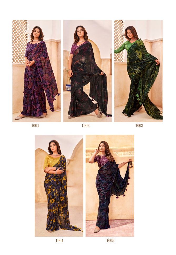 Stavan Sagaai Printed Chiffon Embroidered Party Wear Sarees
